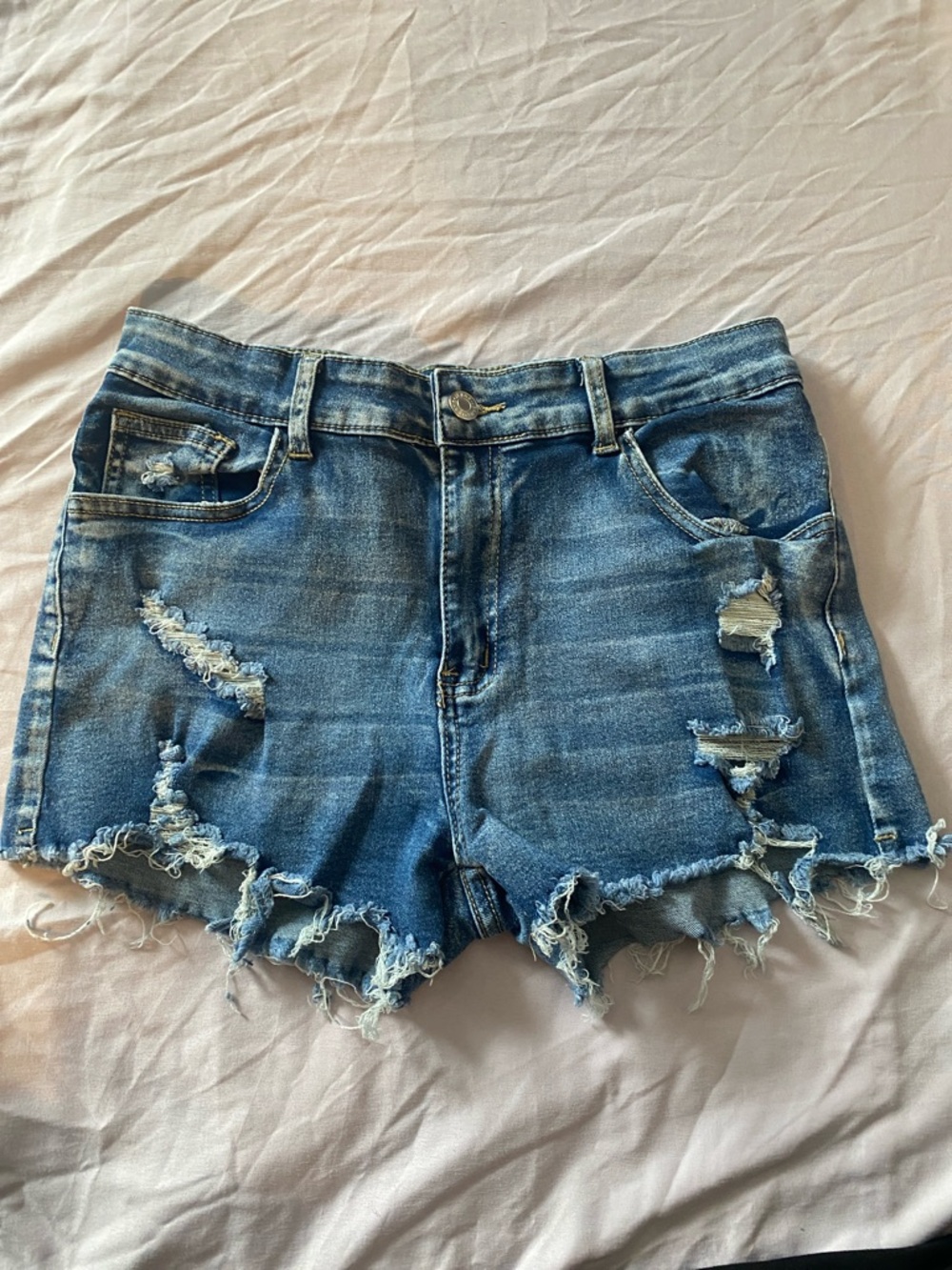 SHEIN Distressed Medium Blue Denim Cutoff Shorts